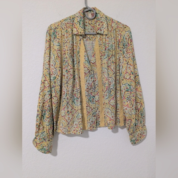Anthropologie Yellow Printed Embroidered Puff Sleeve V-Neck Button-Up Blouse - Picture 6 of 12